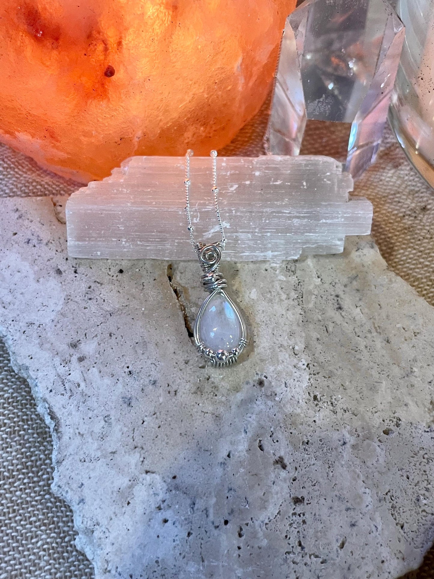 Rainbow Moonstone Silver necklace, Goddess Gift for her, Wire wrap, June Birthday