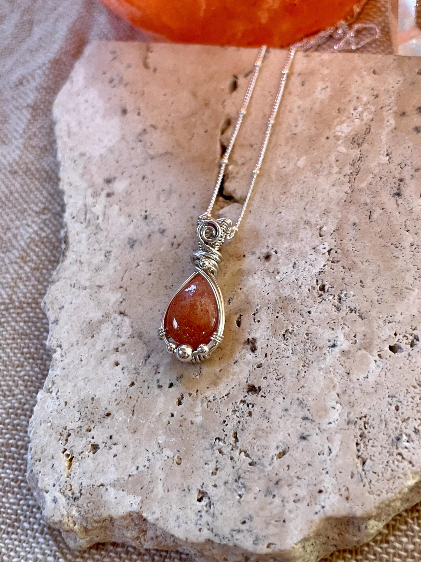 Handmade Sunstone necklace in Sterling Silver, Goddess Gift for her, Wire wrap