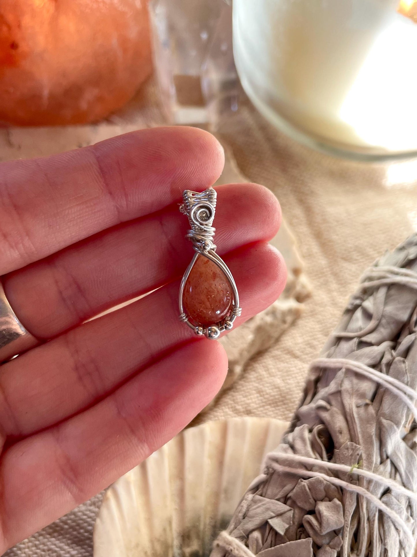 Handmade Sunstone necklace in Sterling Silver, Goddess Gift for her, Wire wrap
