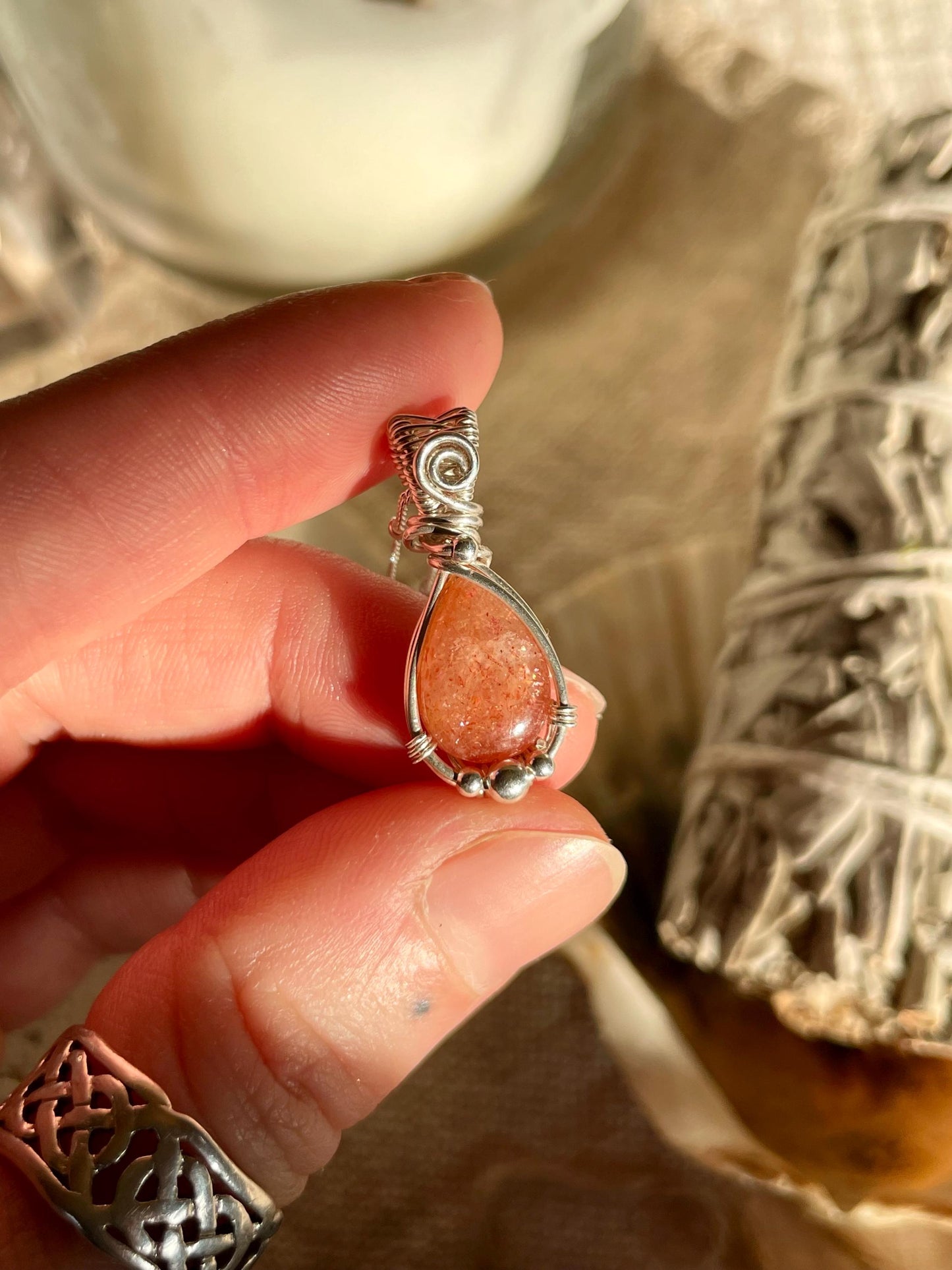 Handmade Sunstone necklace in Sterling Silver, Goddess Gift for her, Wire wrap