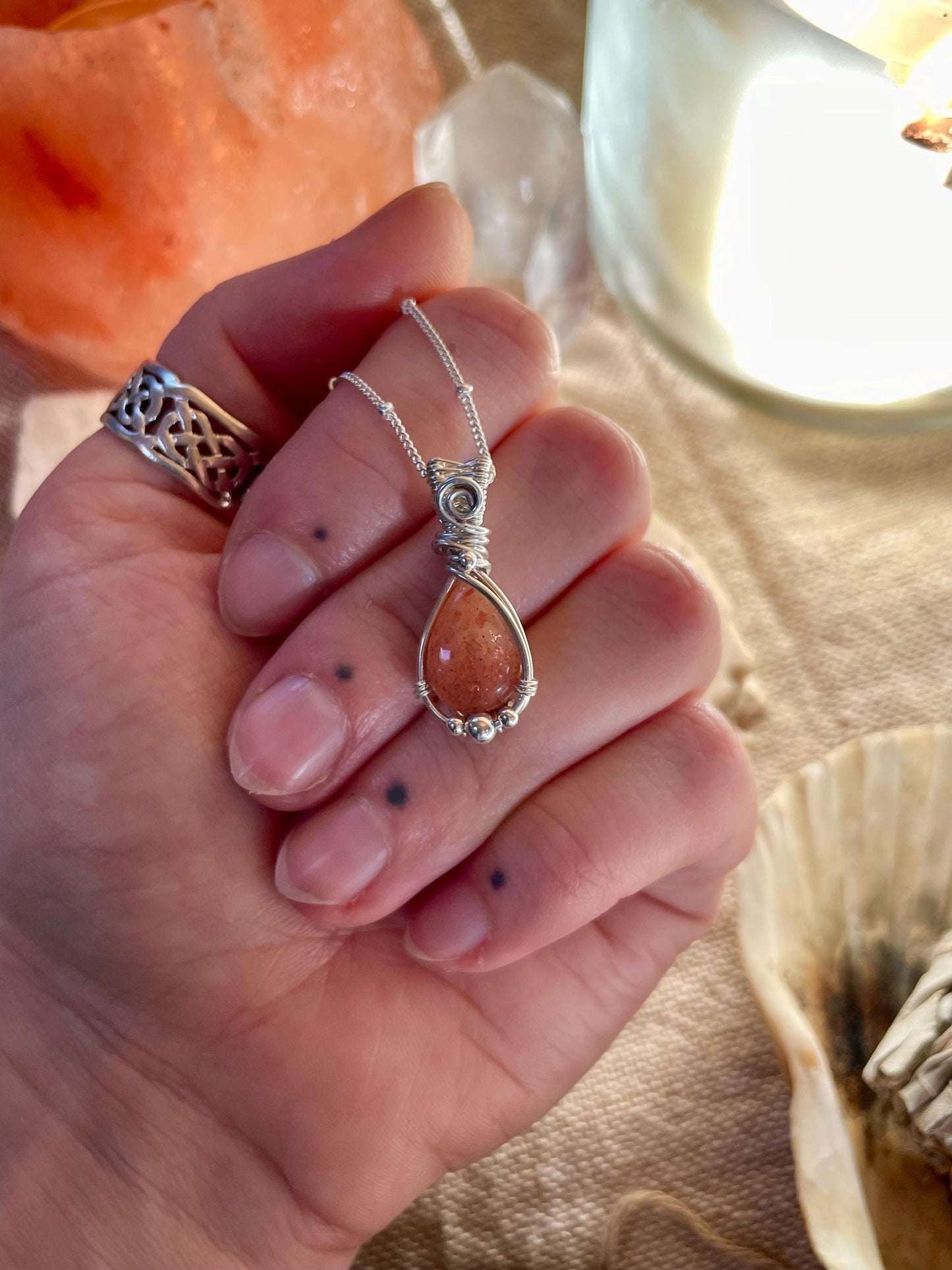 Handmade Sunstone necklace in Sterling Silver, Goddess Gift for her, Wire wrap