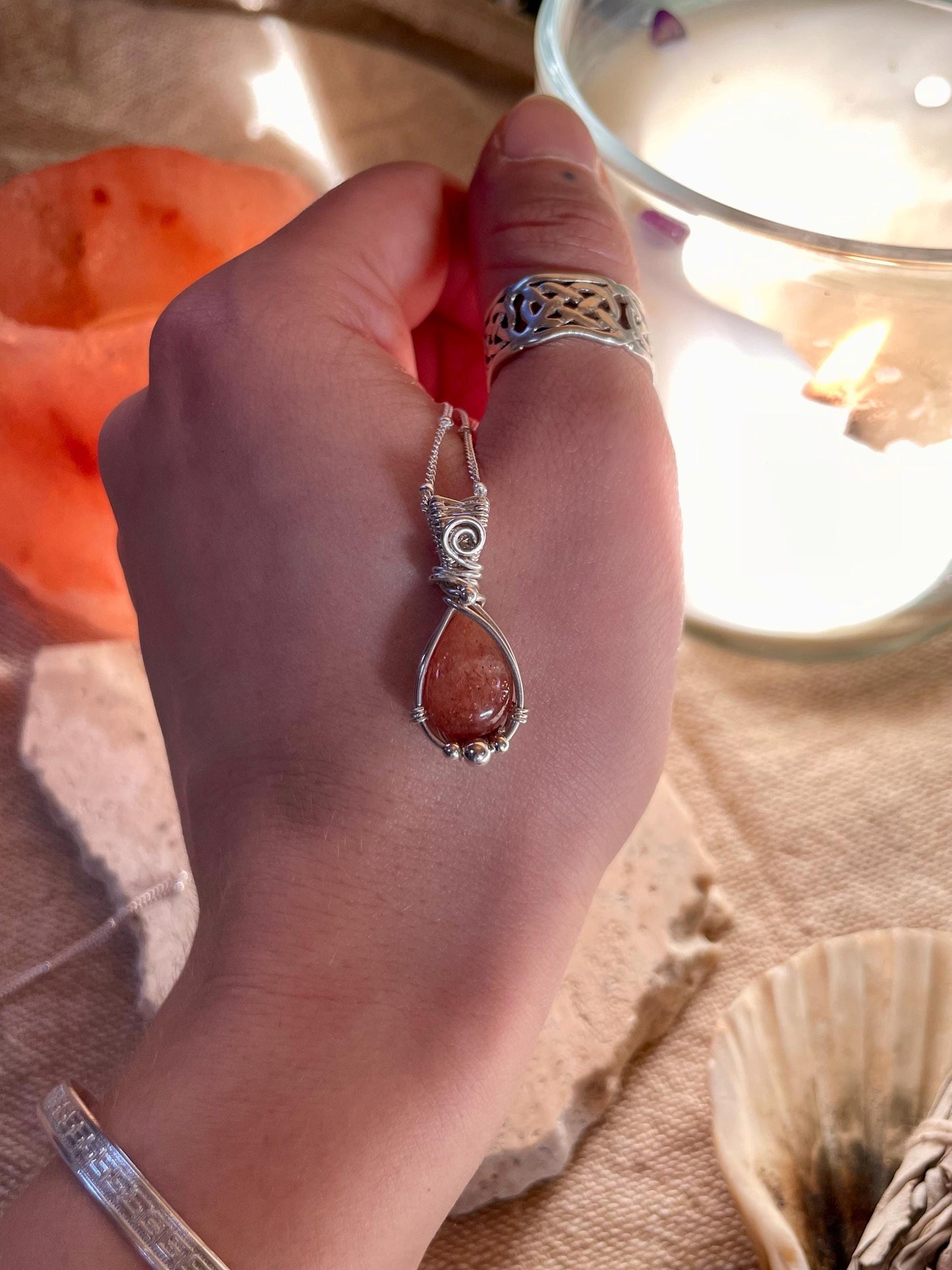 Handmade Sunstone necklace in Sterling Silver, Goddess Gift for her, Wire wrap