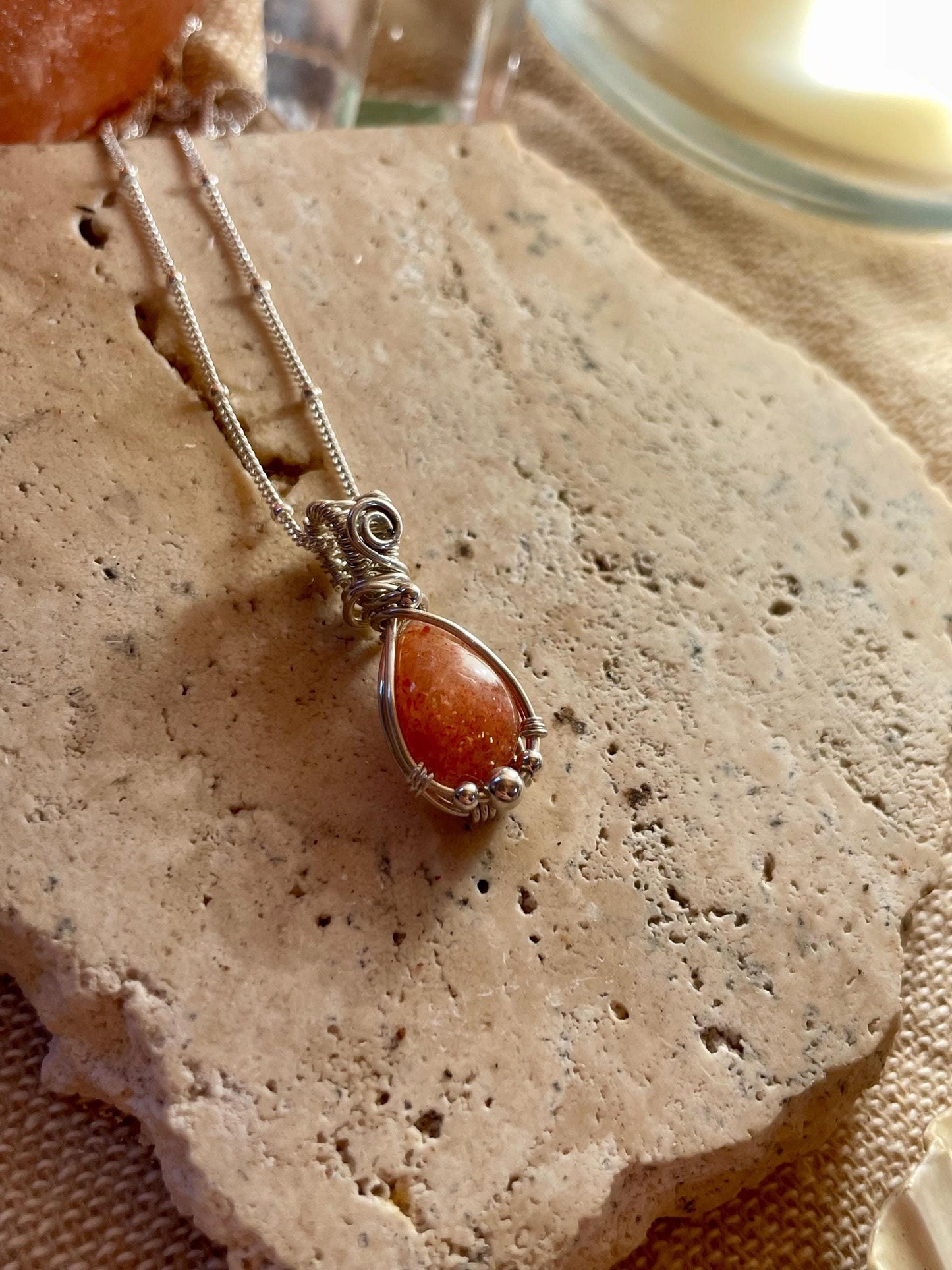 Handmade Sunstone necklace in Sterling Silver, Goddess Gift for her, Wire wrap