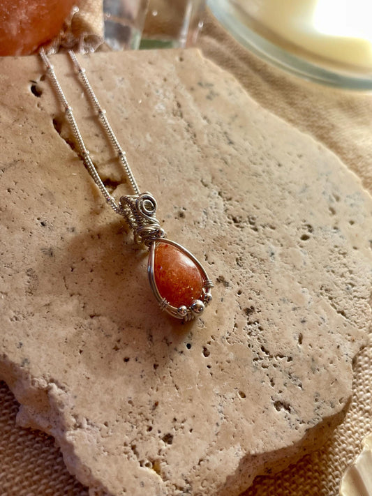 Handmade Sunstone necklace in Sterling Silver, Goddess Gift for her, Wire wrap