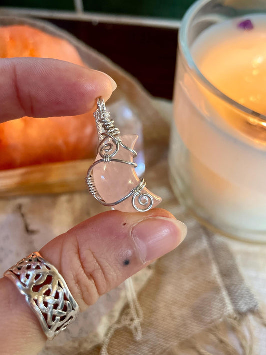 Sterling Silver Rose Quartz Moon necklace, Witchy gift for her, love and romance