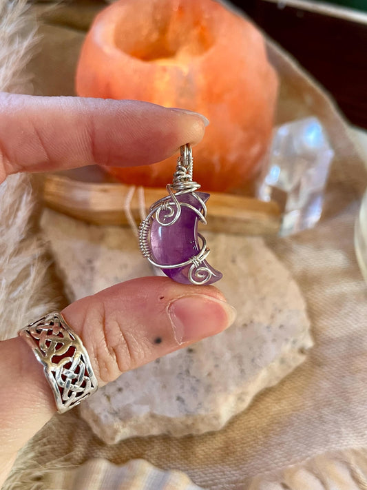 Sterling Silver Amethyst Moon necklace, Witchy gift for her, Stress and Anxiety