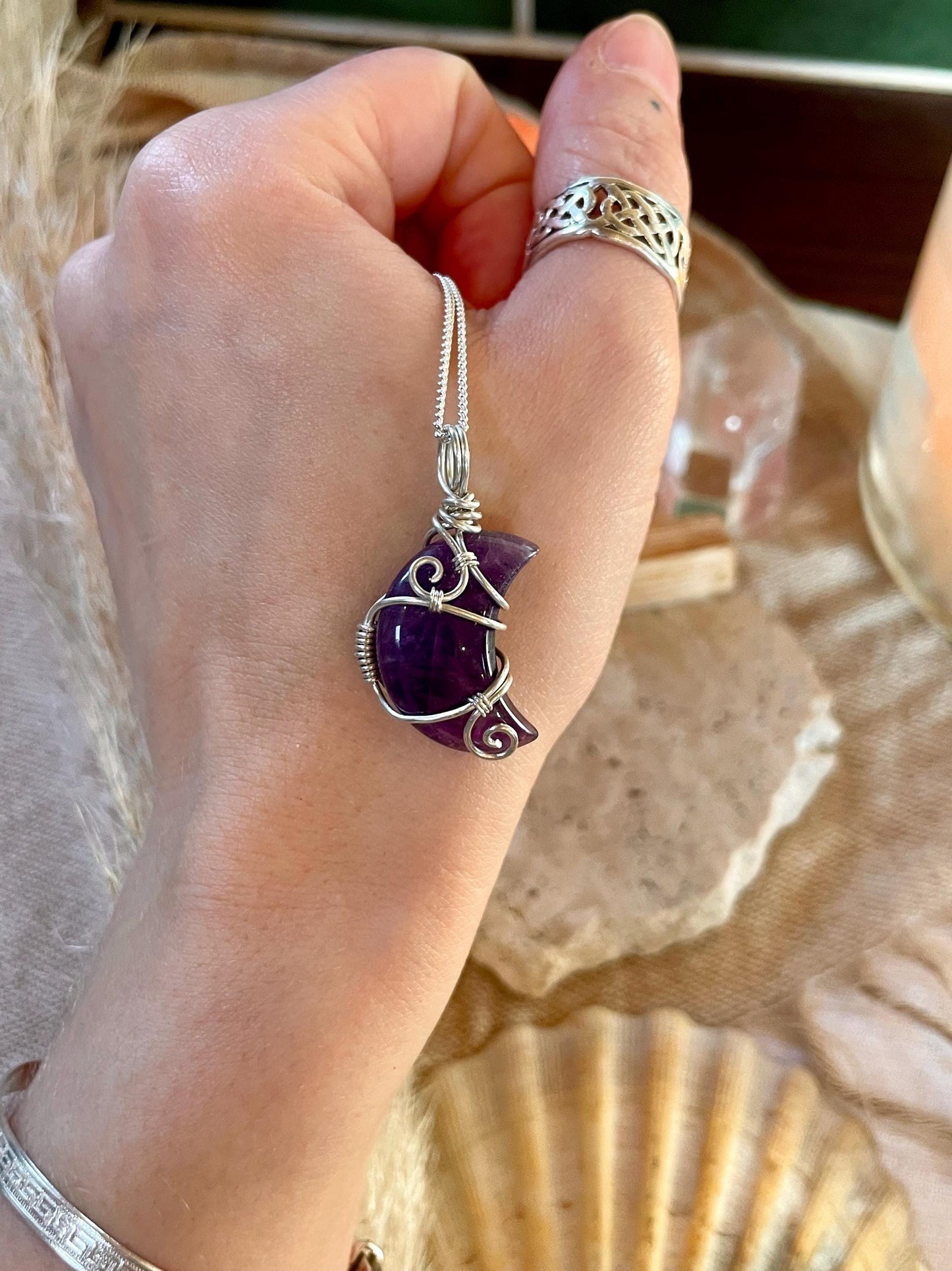 Sterling Silver Amethyst Moon necklace, Witchy gift for her, Stress and Anxiety