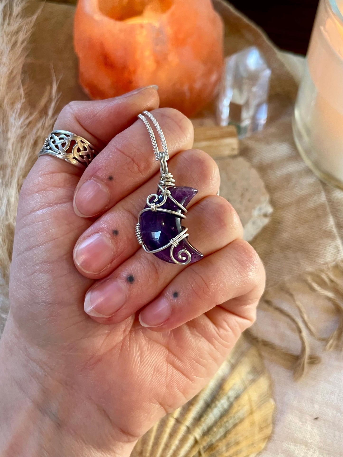 Sterling Silver Amethyst Moon necklace, Witchy gift for her, Stress and Anxiety