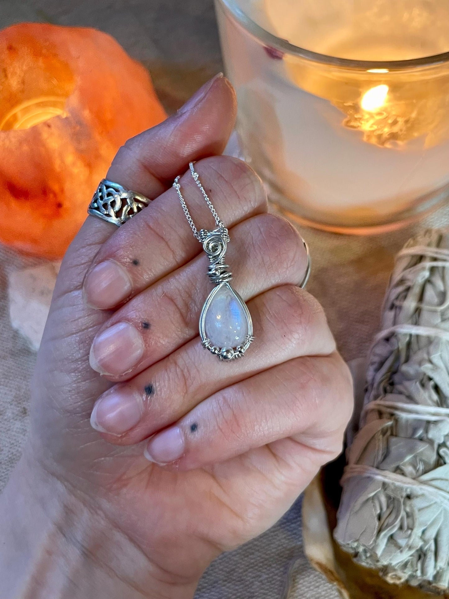 Rainbow Moonstone Silver necklace, Goddess Gift for her, Wire wrap, June Birthday