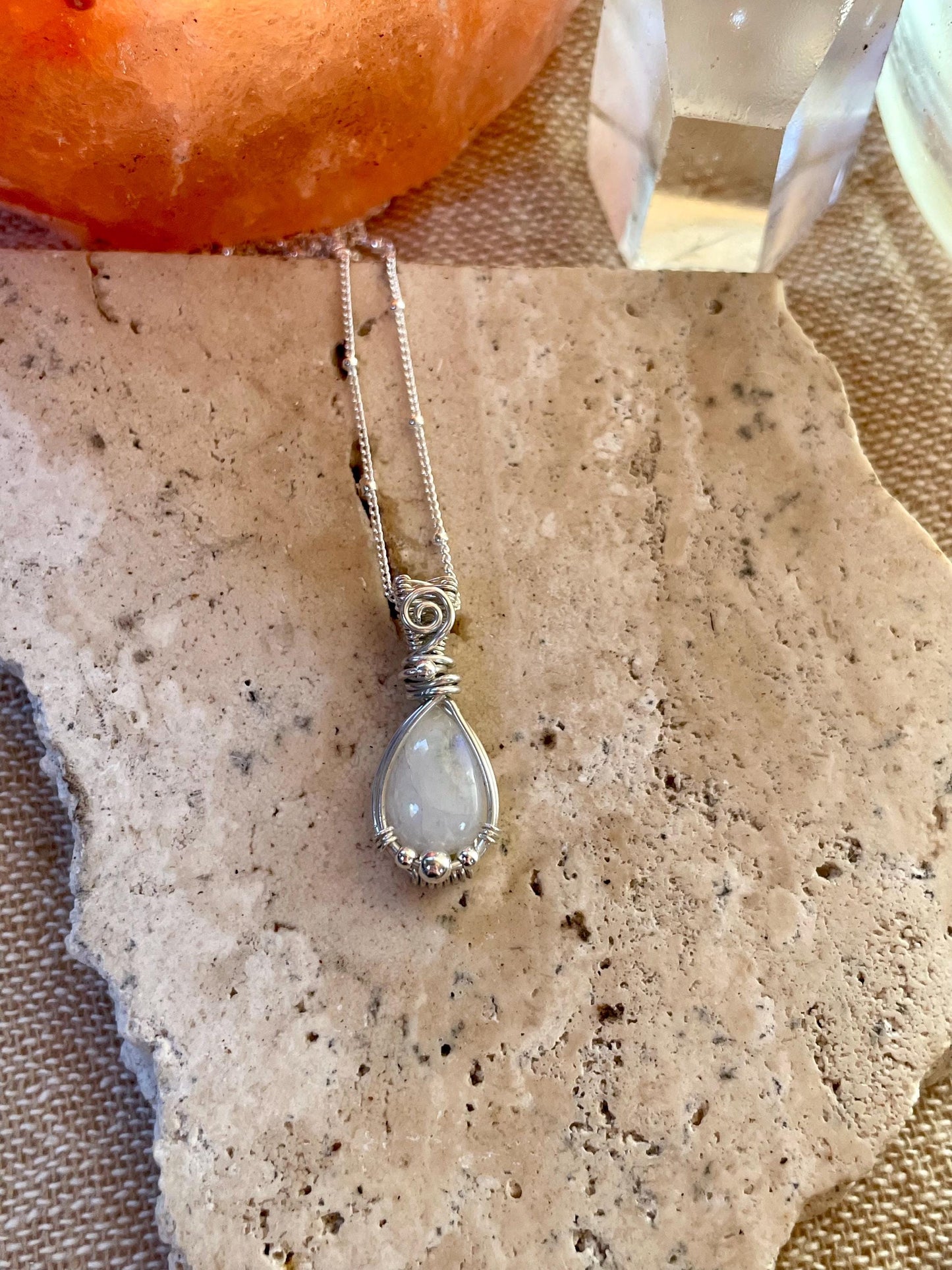 Rainbow Moonstone Silver necklace, Goddess Gift for her, Wire wrap, June Birthday