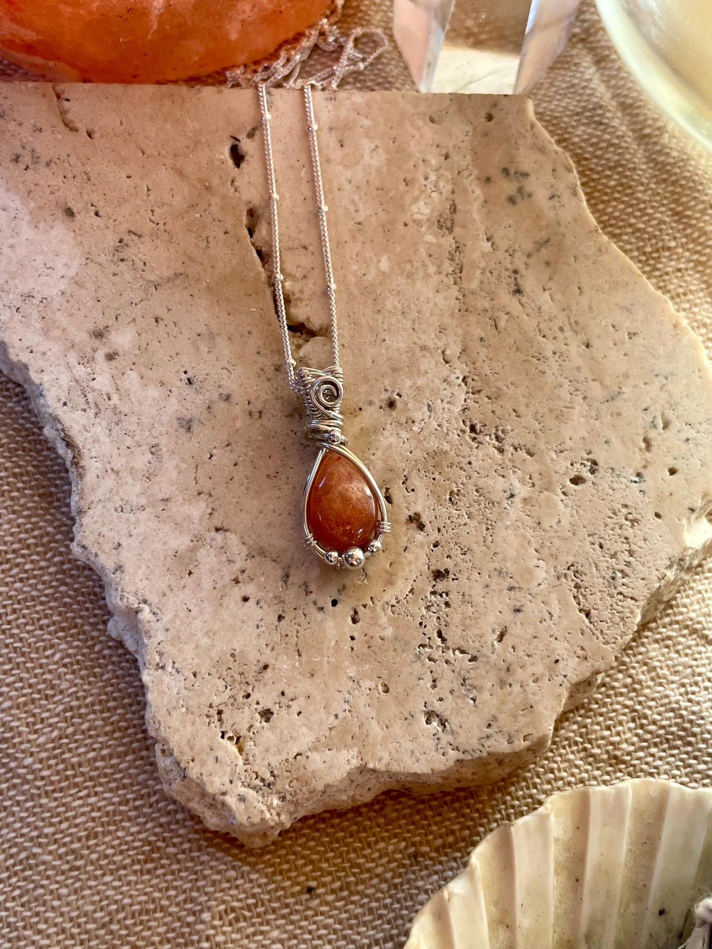 Handmade Sunstone necklace in Sterling Silver, Goddess Gift for her, Wire wrap