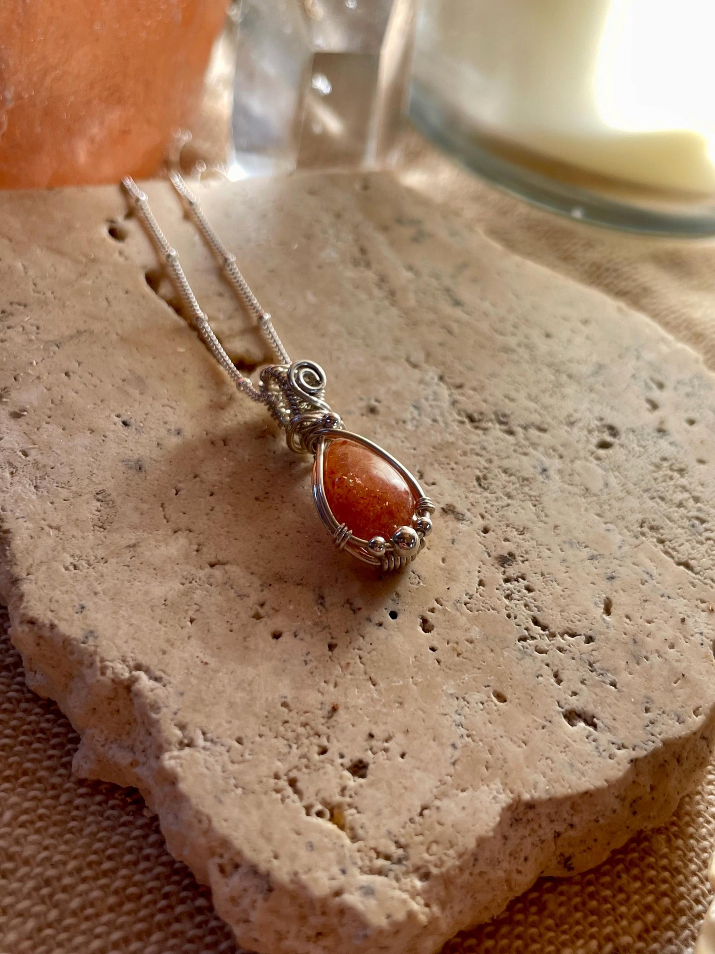 Handmade Sunstone necklace in Sterling Silver, Goddess Gift for her, Wire wrap