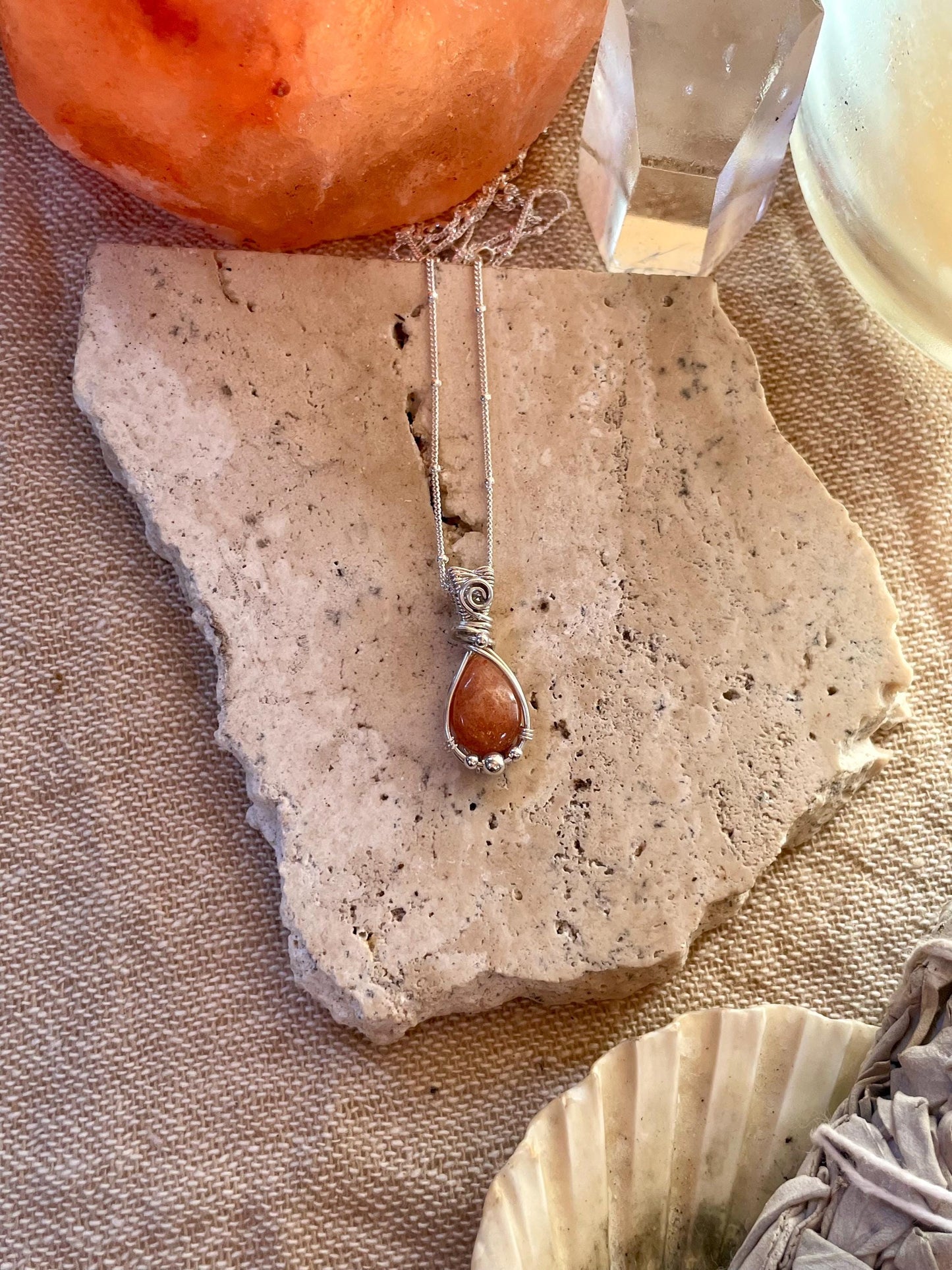 Handmade Sunstone necklace in Sterling Silver, Goddess Gift for her, Wire wrap
