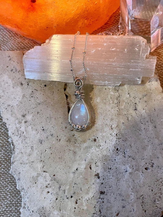 Rainbow Moonstone Silver necklace, Goddess Gift for her, Wire wrap, June Birthday