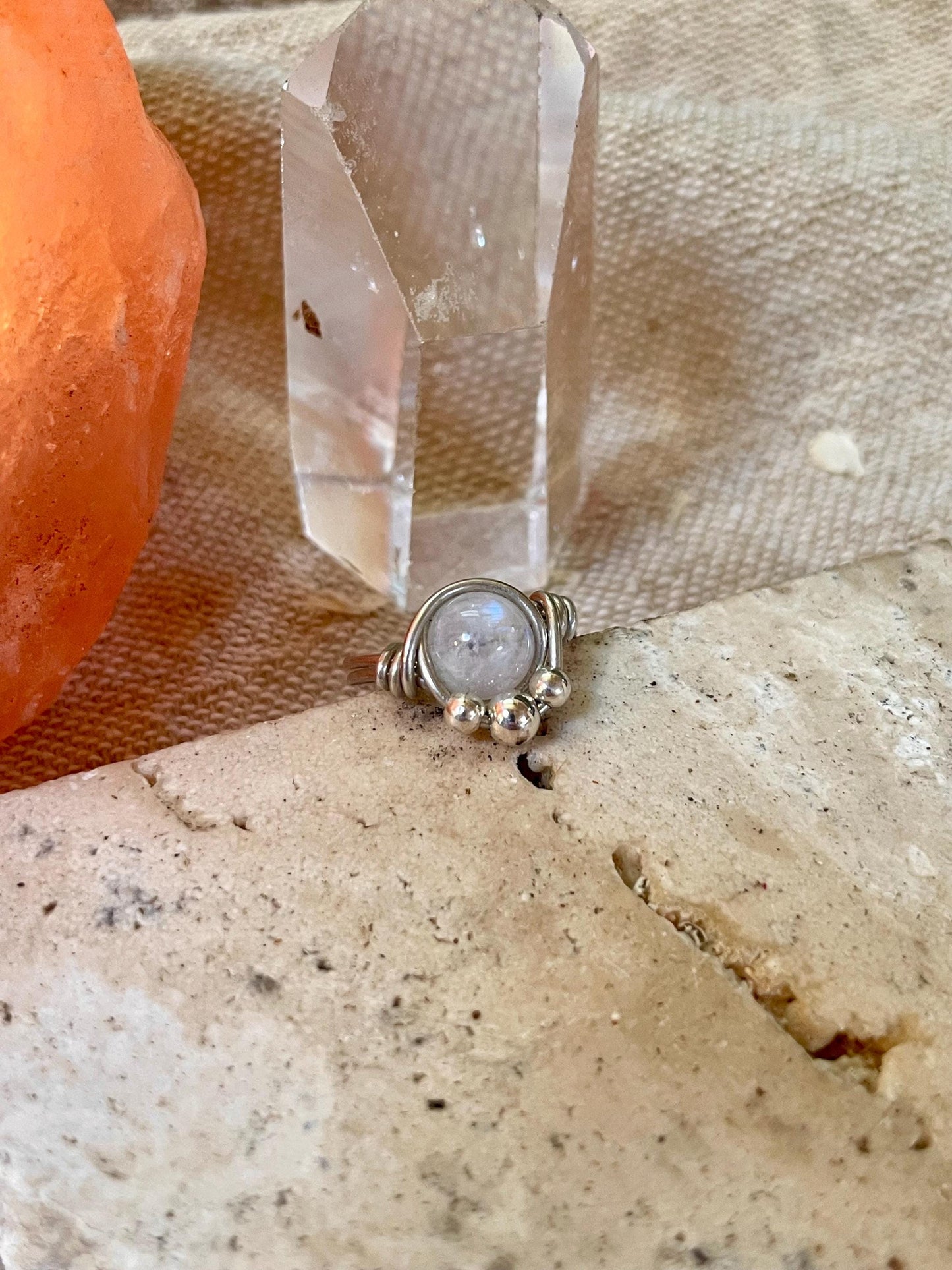 Sterling silver Rainbow Moonstone ring, Wire wrapped, Bohemian ring, Gift for her, Hippie style