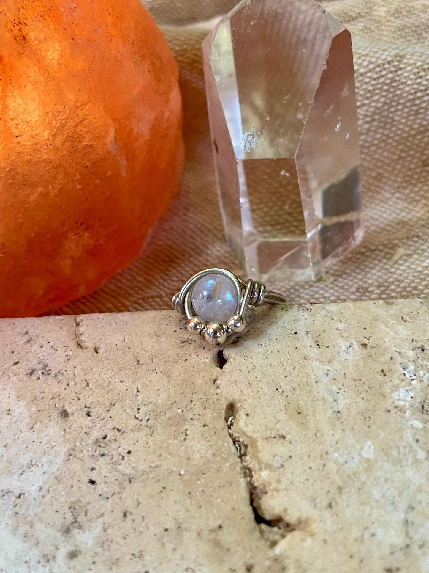 Sterling silver Rainbow Moonstone ring, Wire wrapped, Bohemian ring, Gift for her, Hippie style