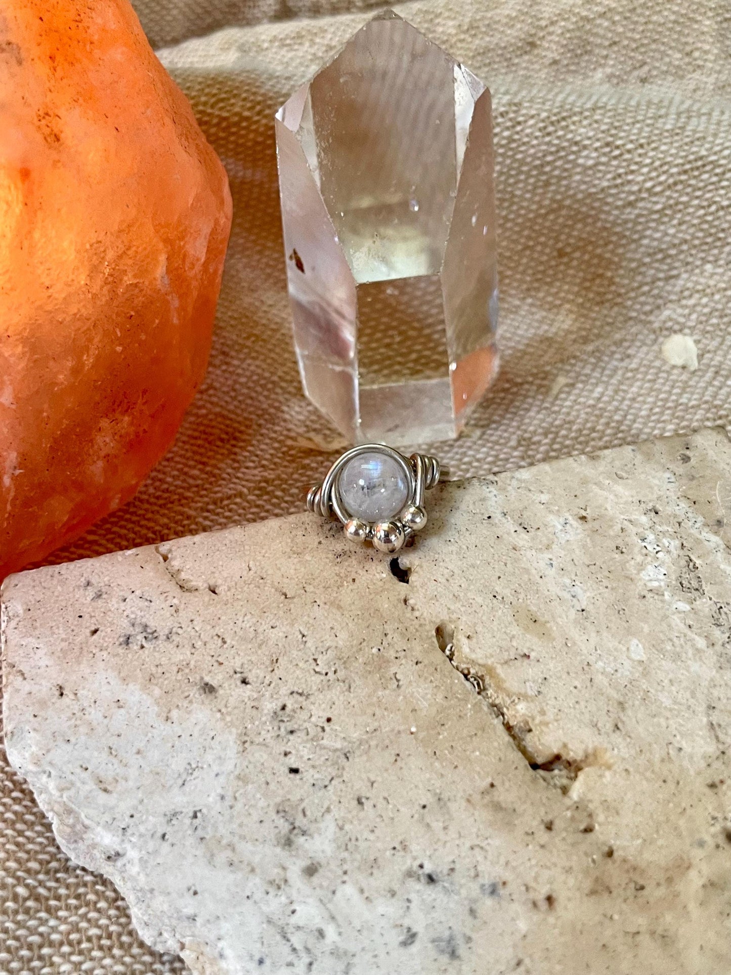 Sterling silver Rainbow Moonstone ring, Wire wrapped, Bohemian ring, Gift for her, Hippie style