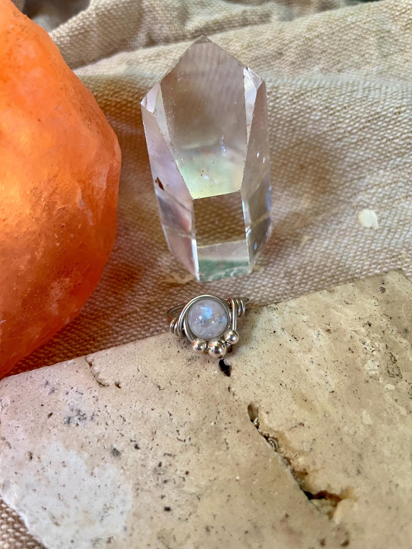 Sterling silver Rainbow Moonstone ring, Wire wrapped, Bohemian ring, Gift for her, Hippie style