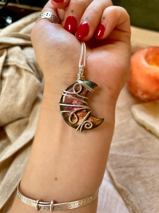Labradorite crescent moon necklace, Sterling Silver pendant, Witchy gift for her