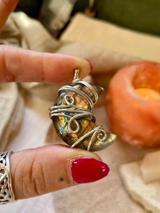 Labradorite crescent moon necklace, Sterling Silver pendant, Witchy gift for her