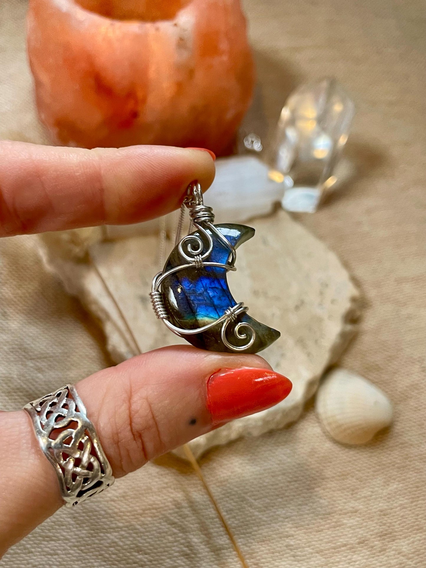 Labradorite crescent moon necklace, Sterling Silver pendant, Witchy gift for her