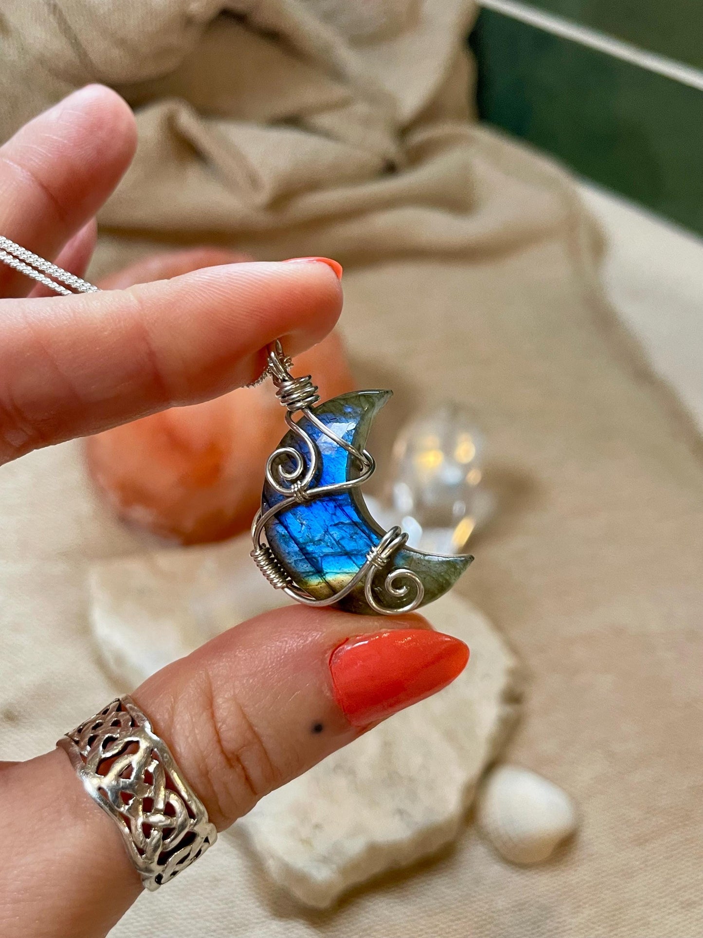 Labradorite crescent moon necklace, Sterling Silver pendant, Witchy gift for her