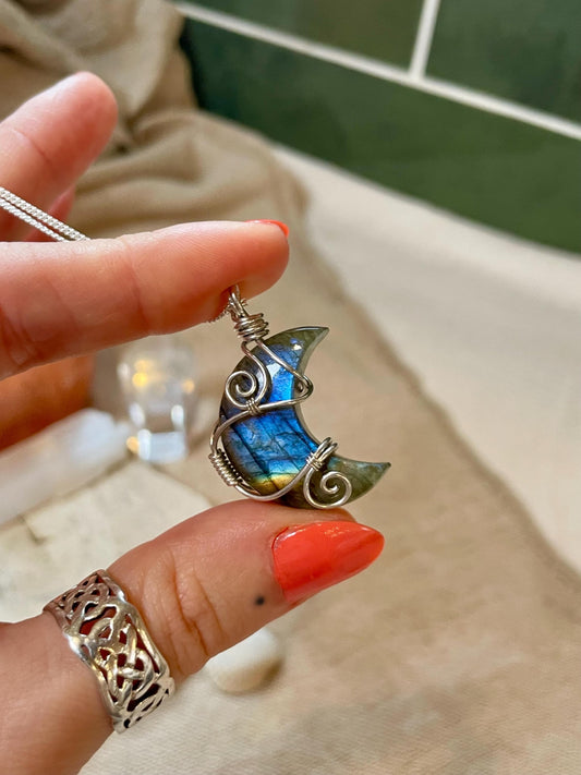 Labradorite crescent moon necklace, Sterling Silver pendant, Witchy gift for her