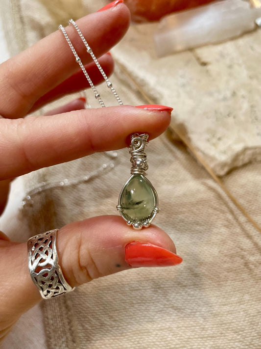 Prehnite in Sterling Silver necklace, Dainty and minimal, Boho Jewellery, Libra crystal
