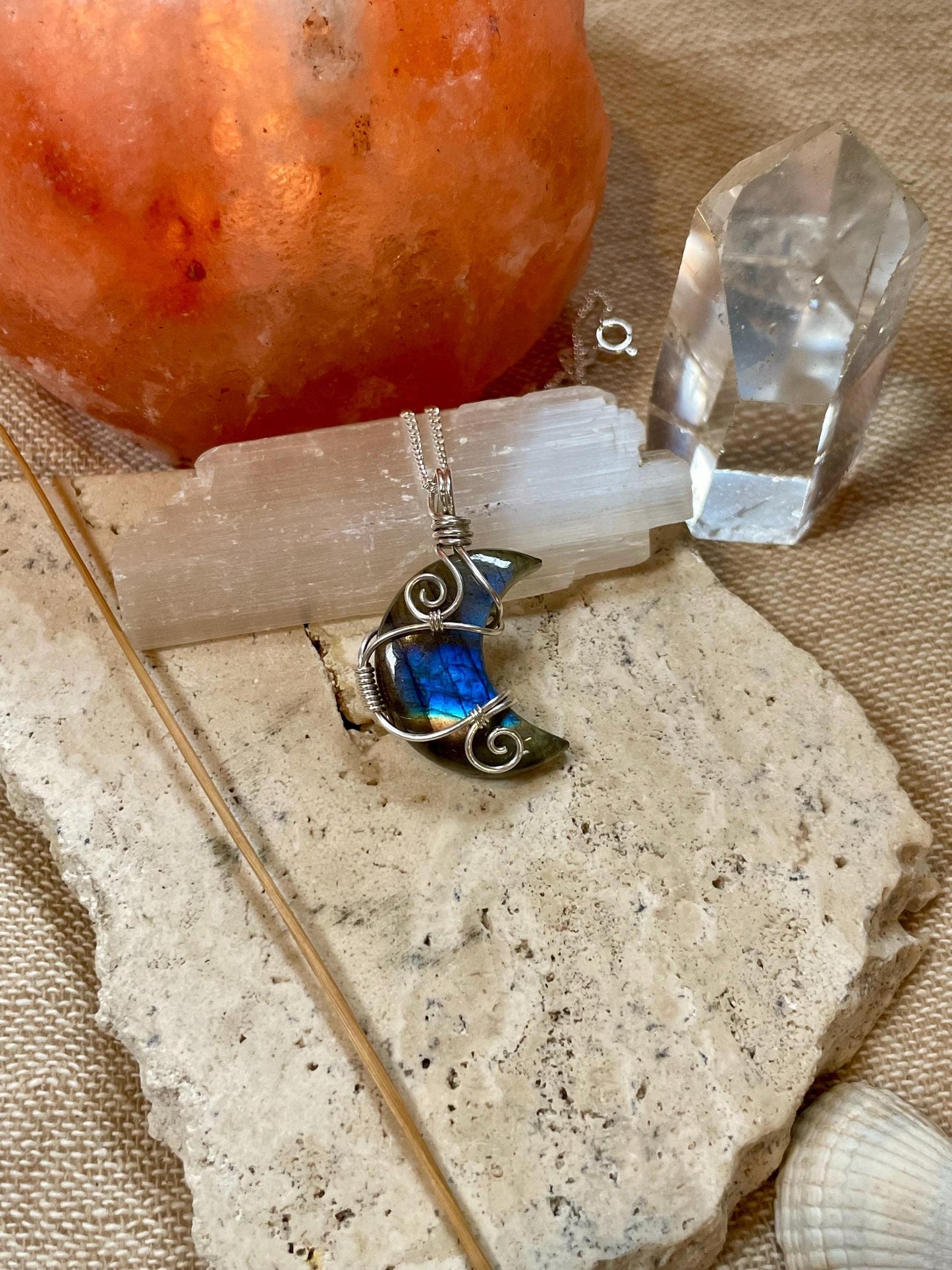 Labradorite crescent moon necklace, Sterling Silver pendant, Witchy gift for her