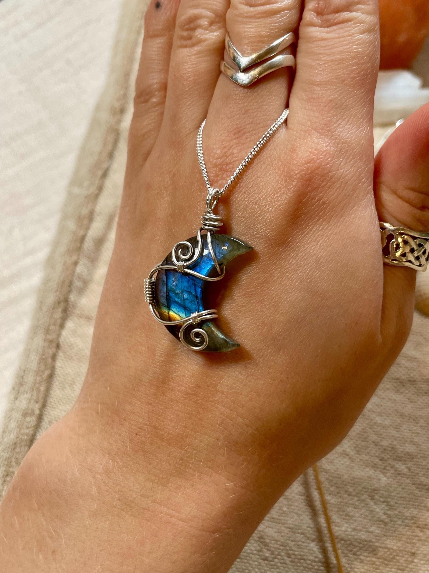 Labradorite crescent moon necklace, Sterling Silver pendant, Witchy gift for her
