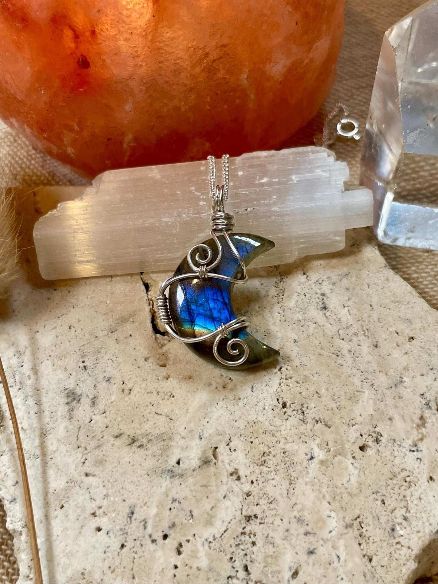 Labradorite crescent moon necklace, Sterling Silver pendant, Witchy gift for her