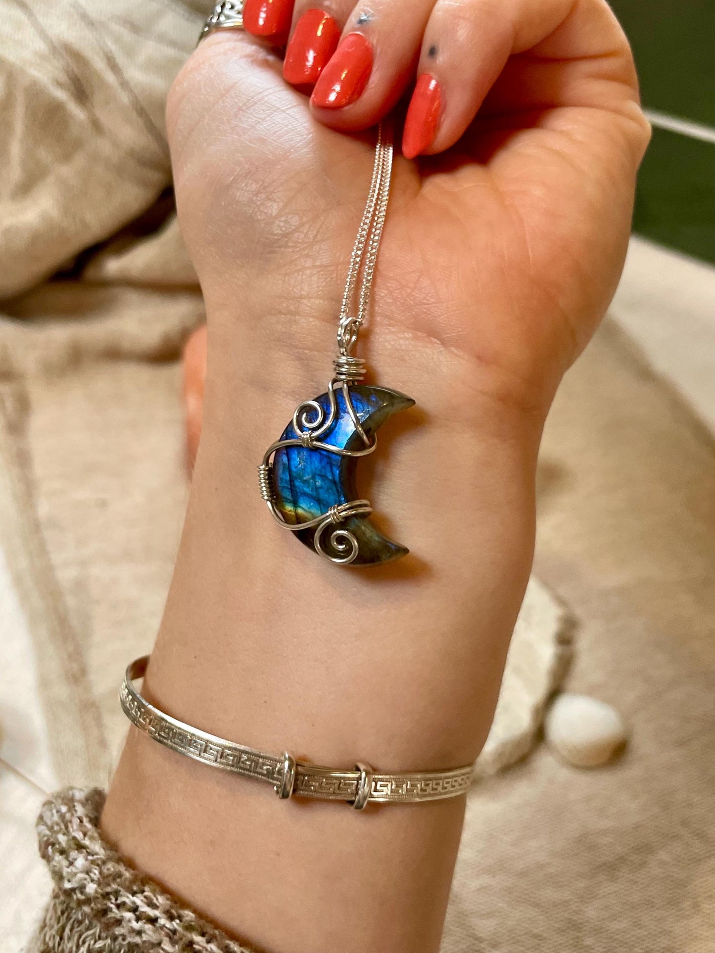 Labradorite crescent moon necklace, Sterling Silver pendant, Witchy gift for her