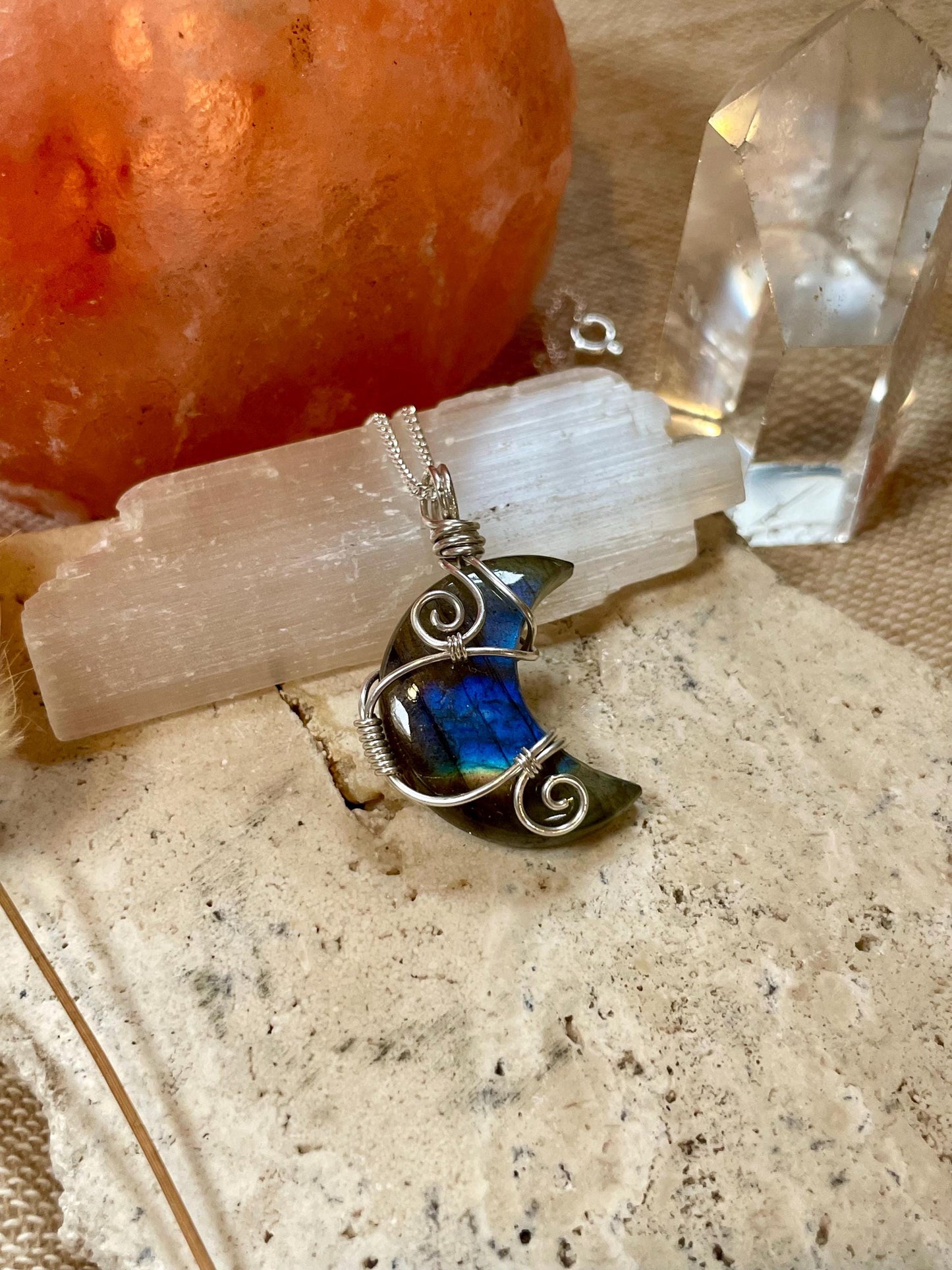 Labradorite crescent moon necklace, Sterling Silver pendant, Witchy gift for her