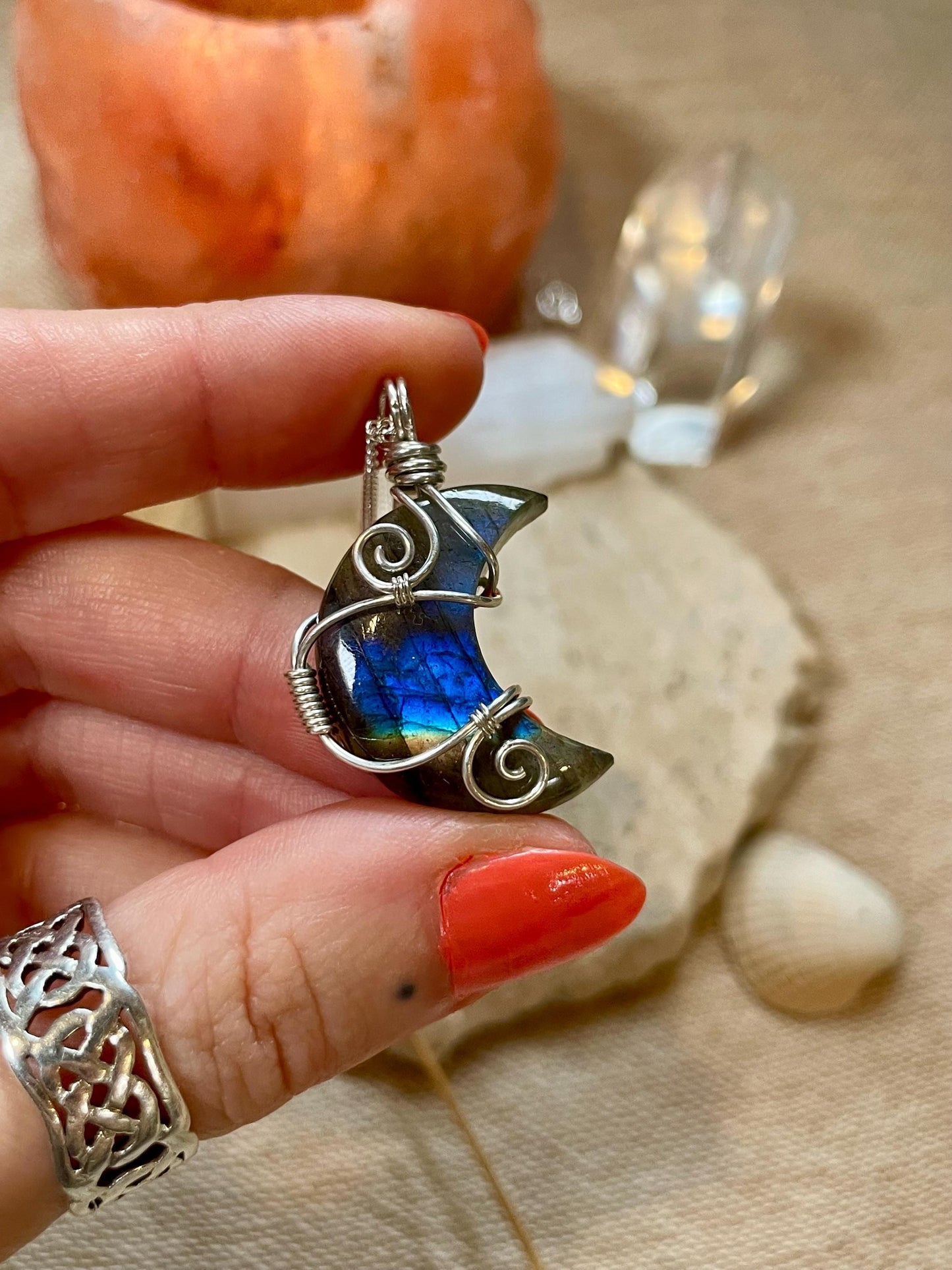 Labradorite crescent moon necklace, Sterling Silver pendant, Witchy gift for her