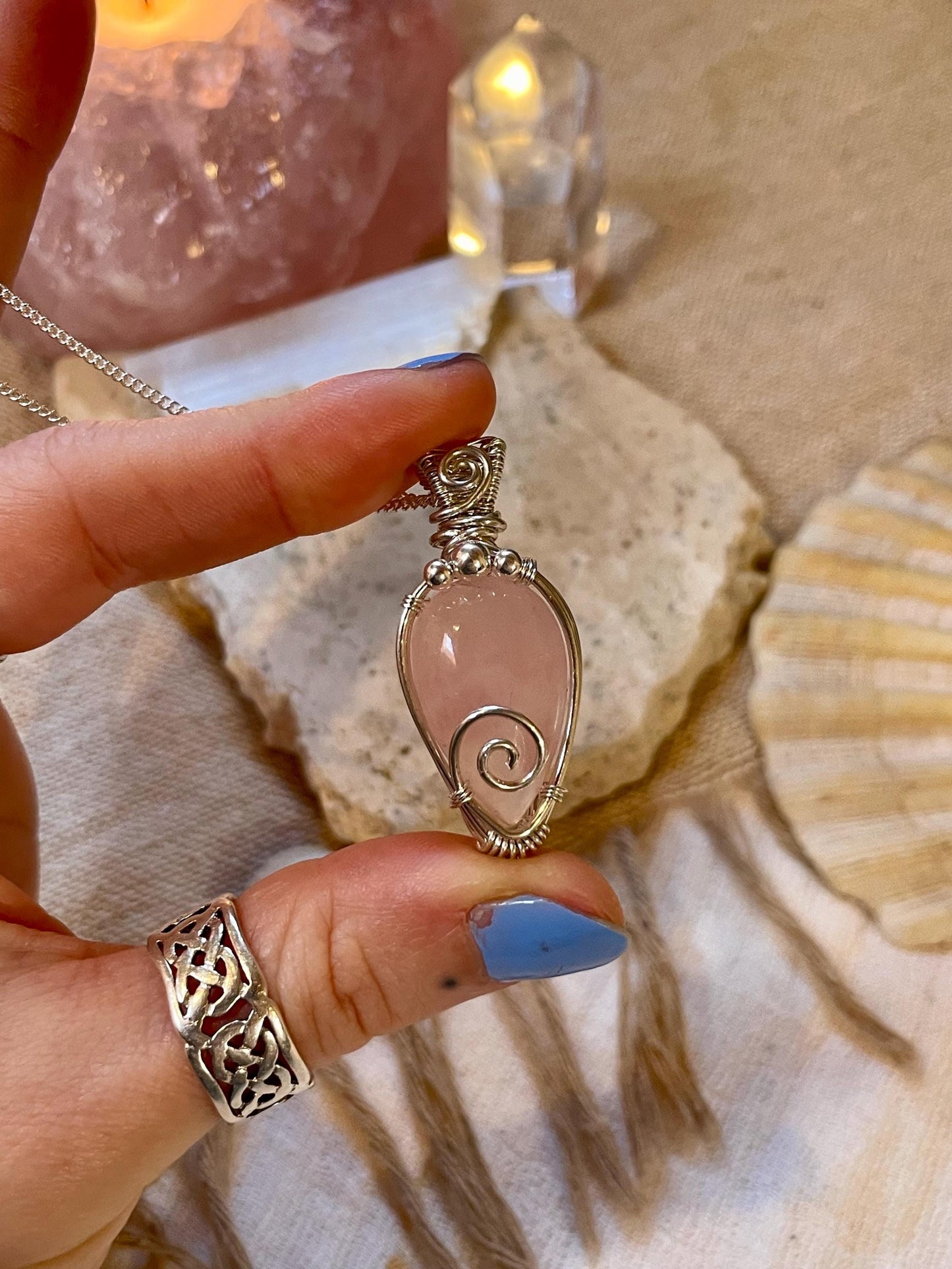 Sterling Silver Rose Quartz necklace, Witchy gift for her, Love and Romance