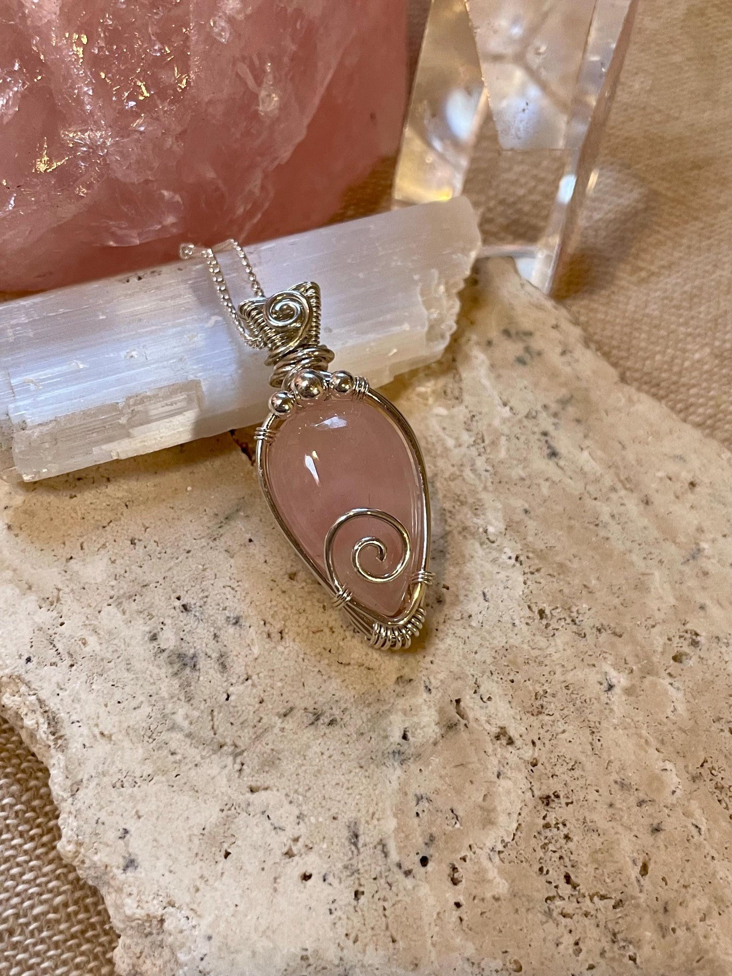 Sterling Silver Rose Quartz necklace, Witchy gift for her, Love and Romance