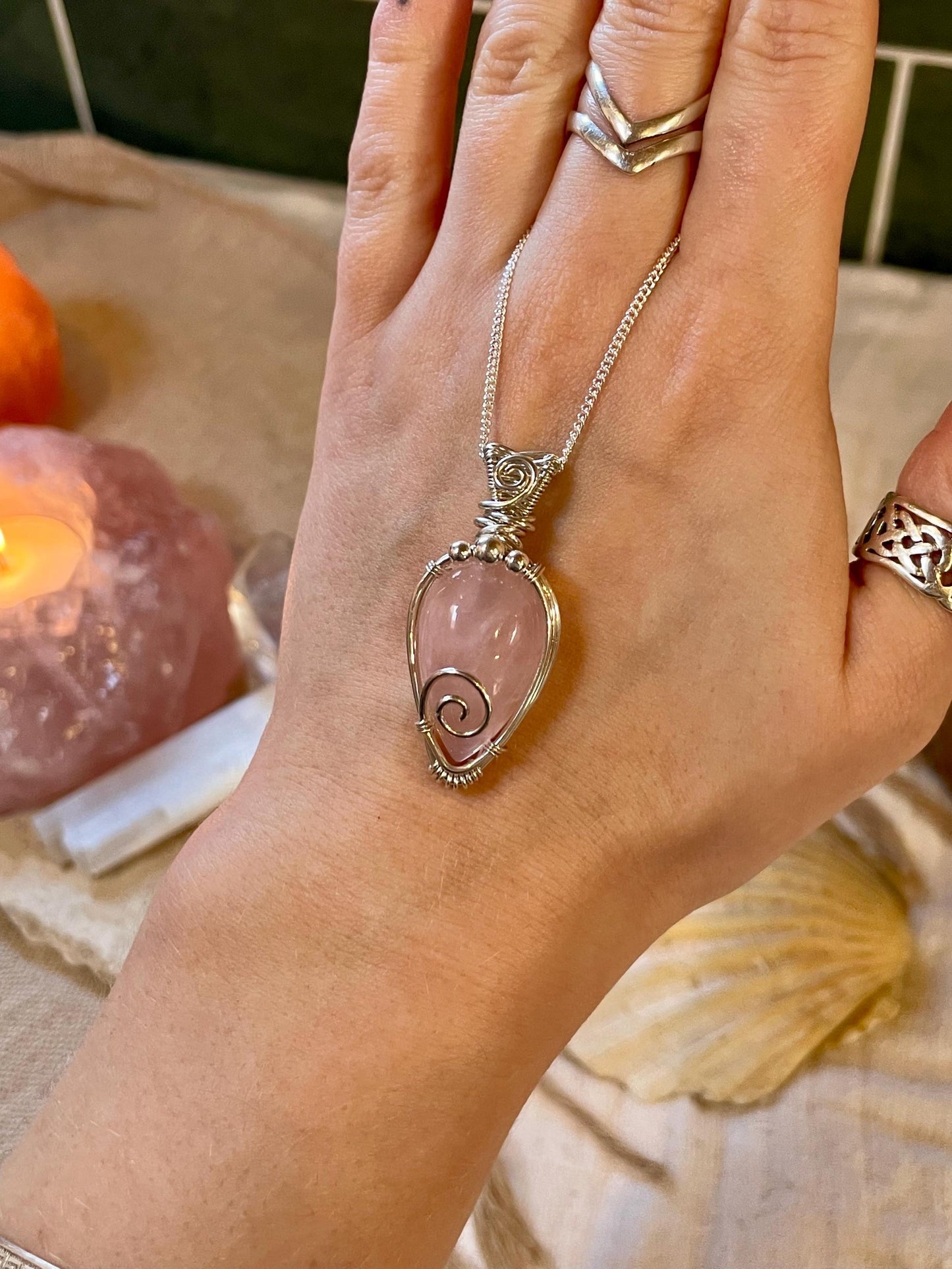 Sterling Silver Rose Quartz necklace, Witchy gift for her, Love and Romance