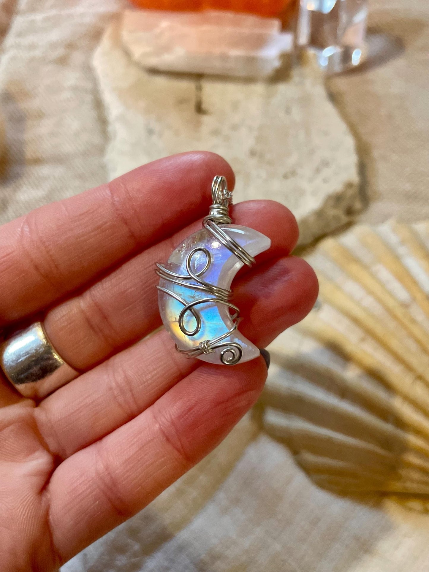 Moonstone Crescent Moon in Sterling Silver, June Birthstone, Witchy