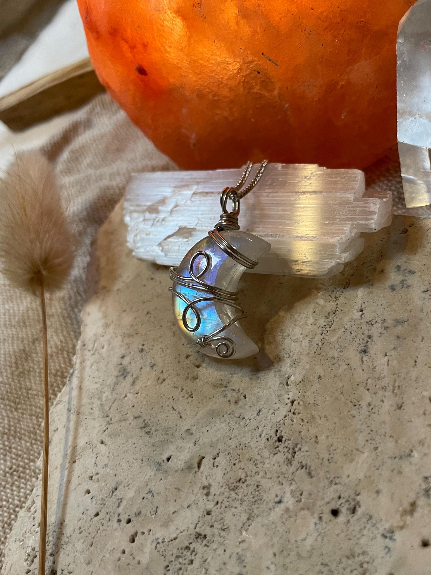 Moonstone Crescent Moon in Sterling Silver, June Birthstone, Witchy