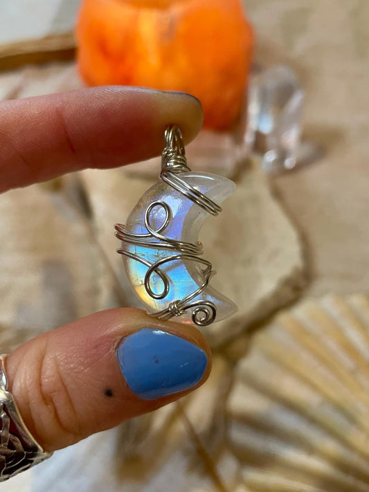 Moonstone Crescent Moon in Sterling Silver, June Birthstone, Witchy