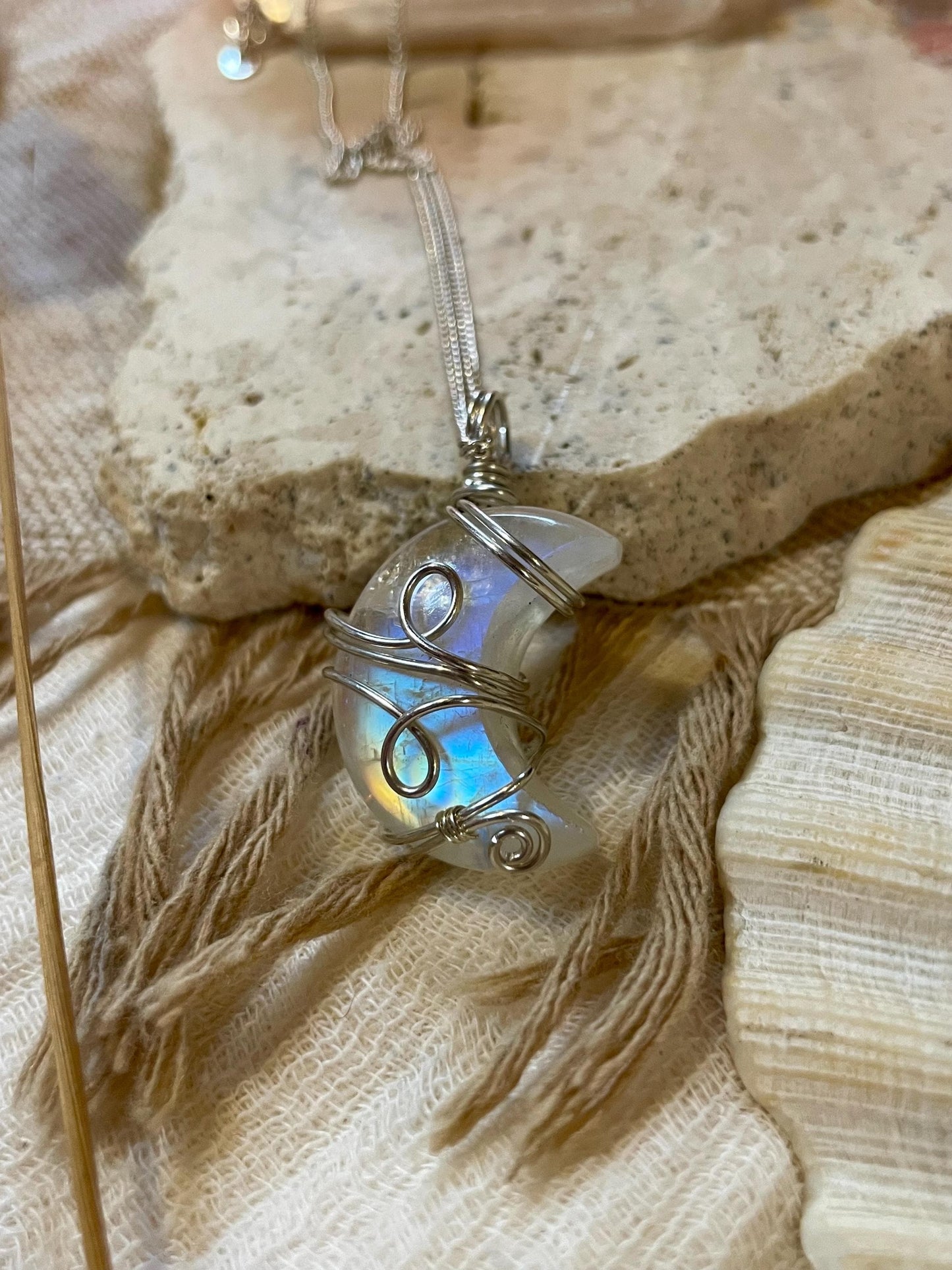 Moonstone Crescent Moon in Sterling Silver, June Birthstone, Witchy