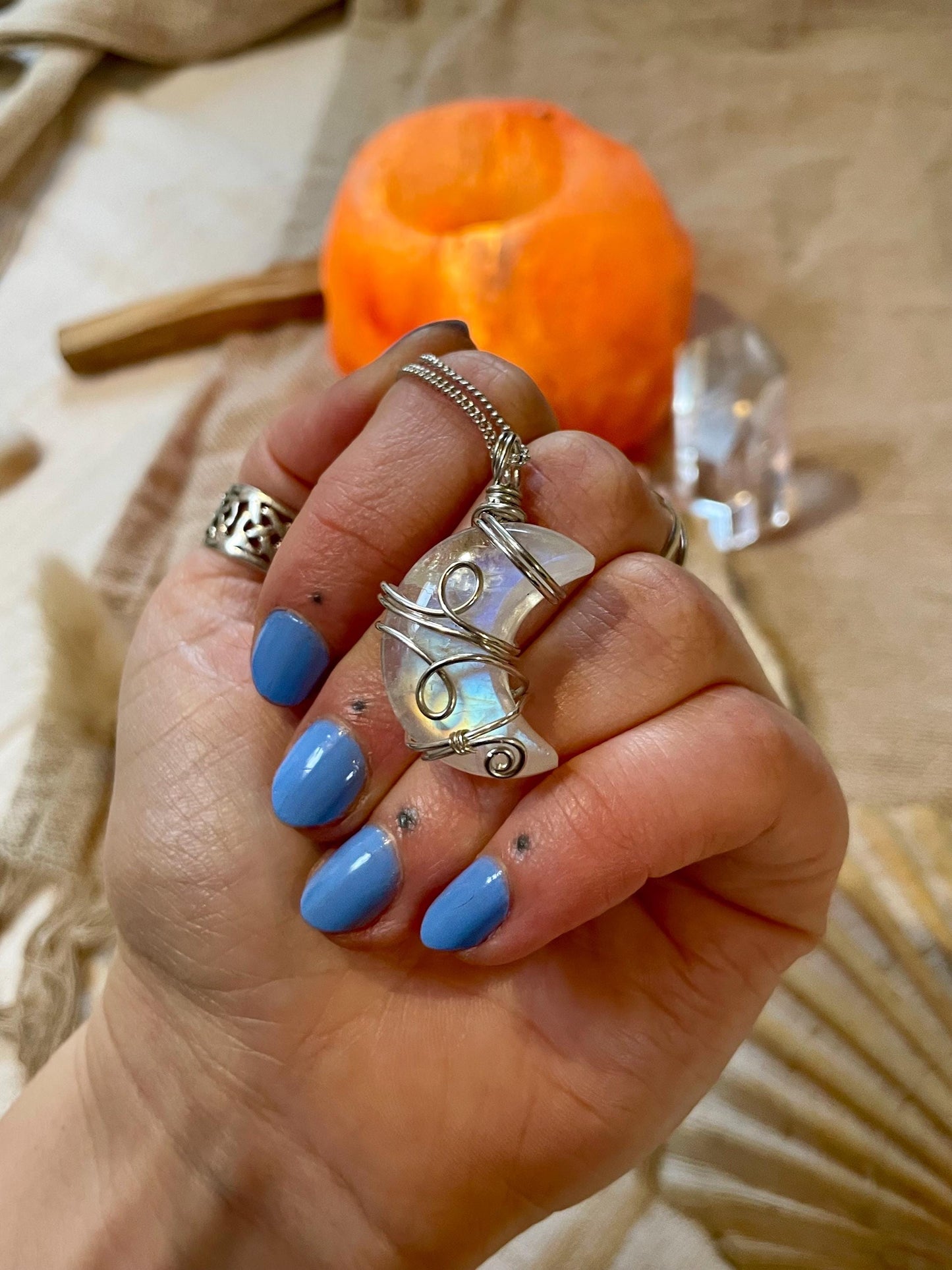 Moonstone Crescent Moon in Sterling Silver, June Birthstone, Witchy
