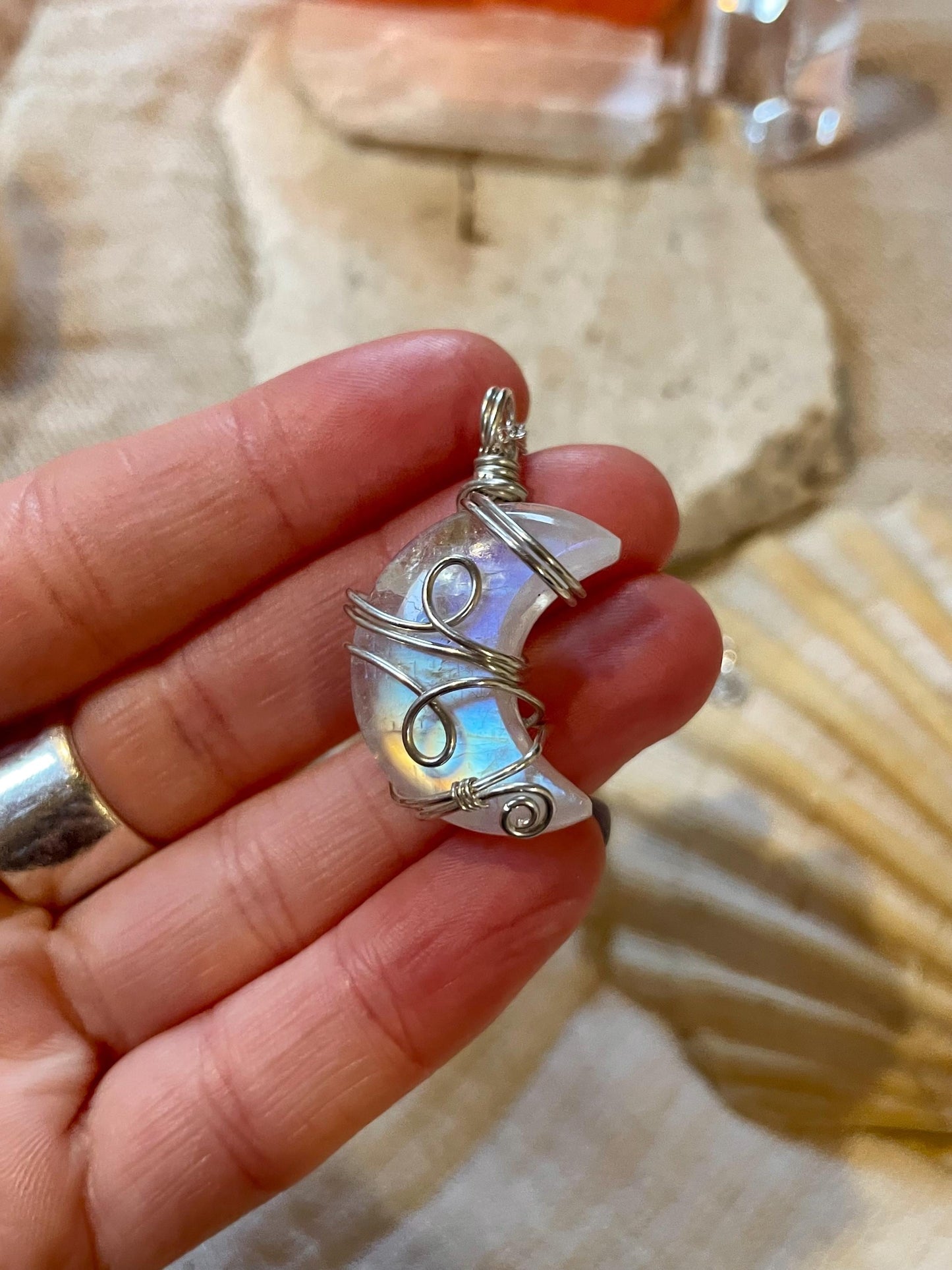 Moonstone Crescent Moon in Sterling Silver, June Birthstone, Witchy