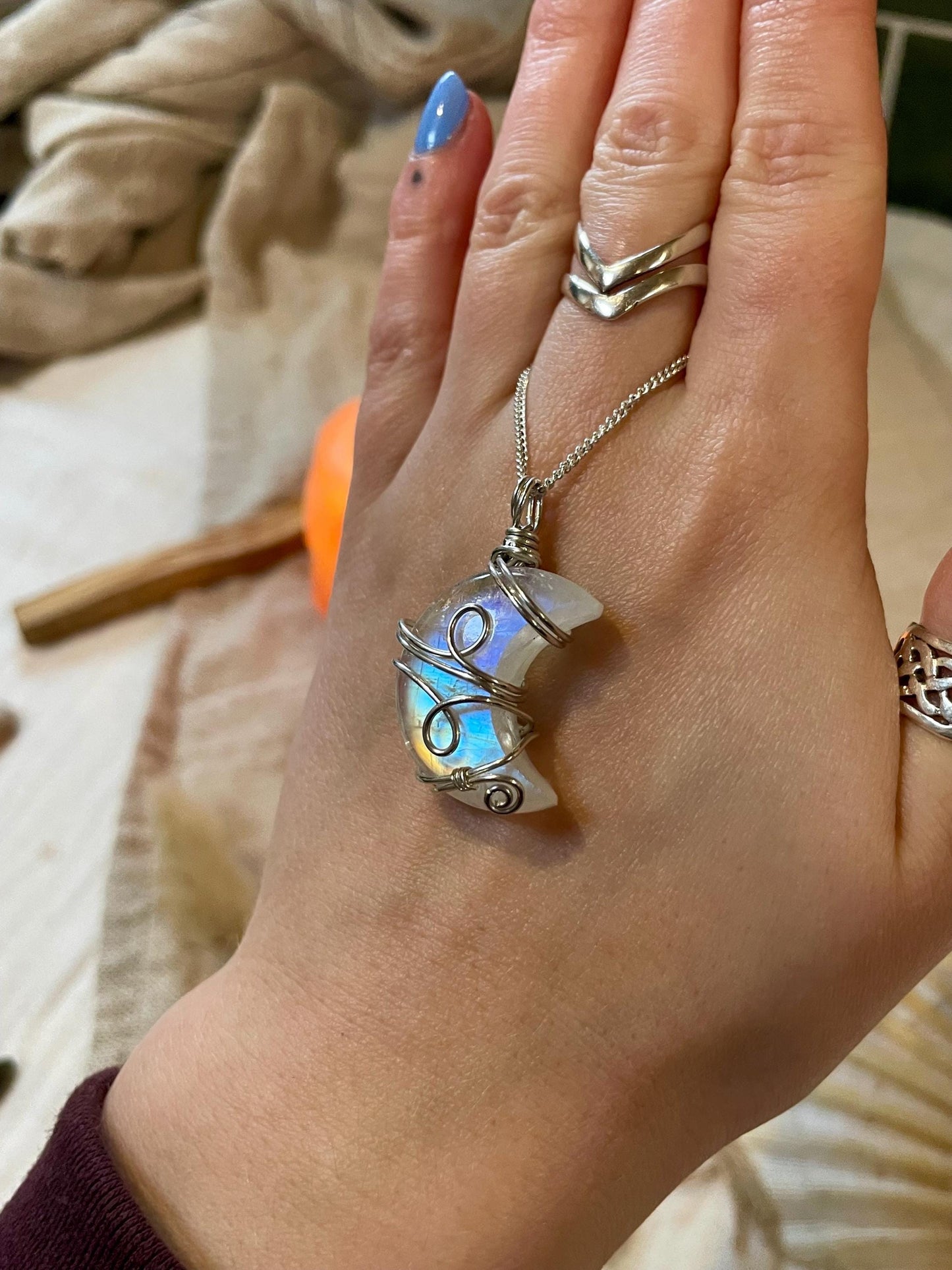 Moonstone Crescent Moon in Sterling Silver, June Birthstone, Witchy