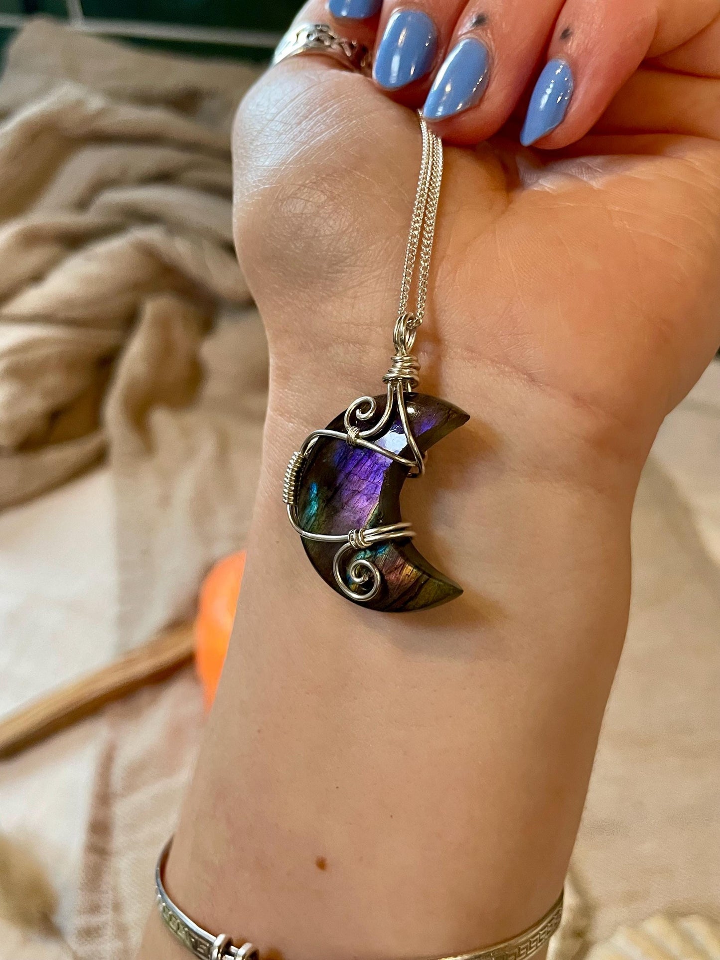 Labradorite crescent moon necklace, Sterling Silver pendant, Witchy gift for her