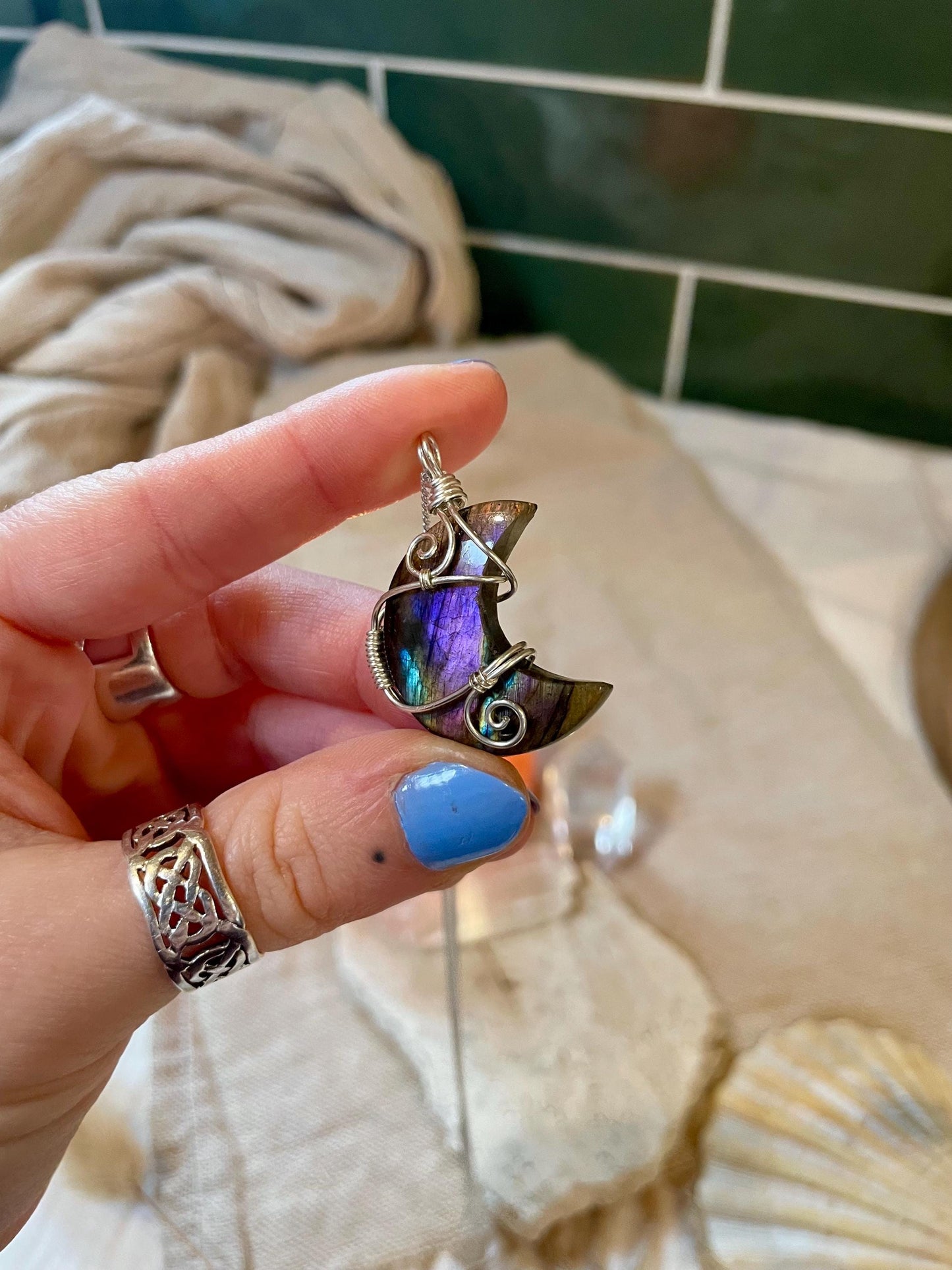 Labradorite crescent moon necklace, Sterling Silver pendant, Witchy gift for her
