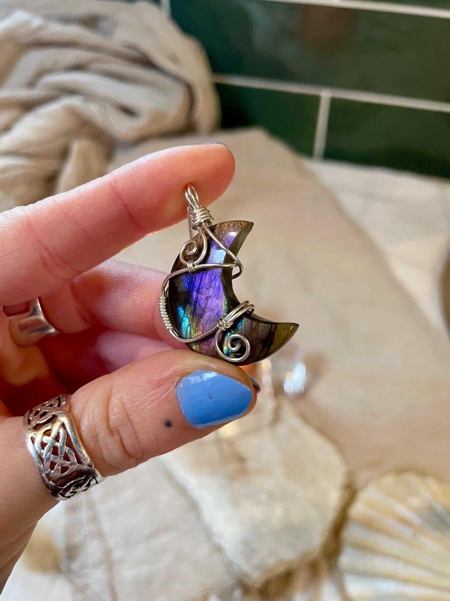 Labradorite crescent moon necklace, Sterling Silver pendant, Witchy gift for her