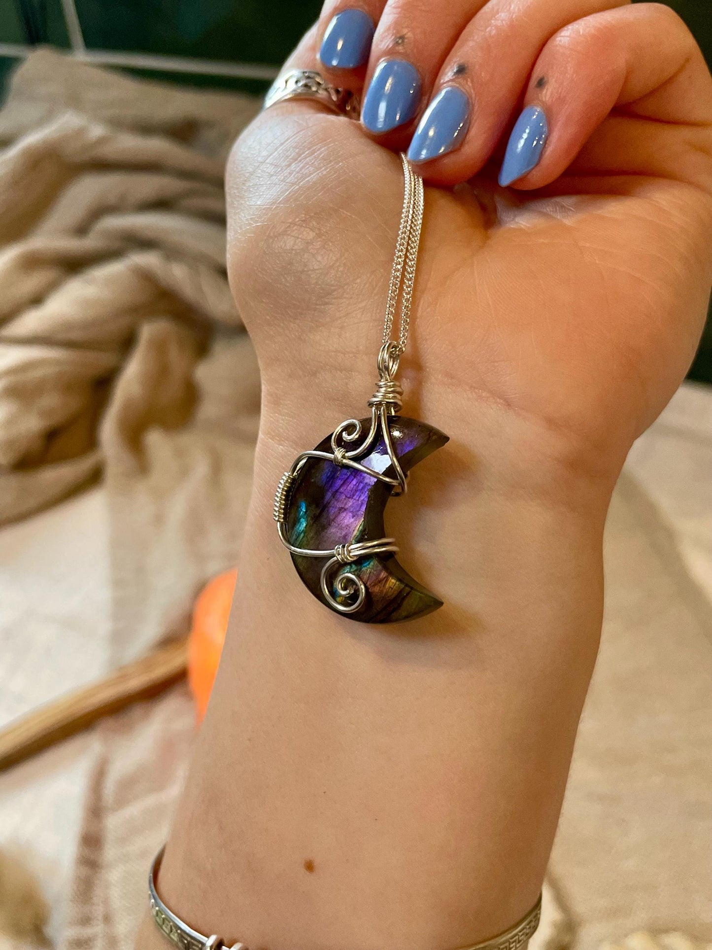 Labradorite crescent moon necklace, Sterling Silver pendant, Witchy gift for her