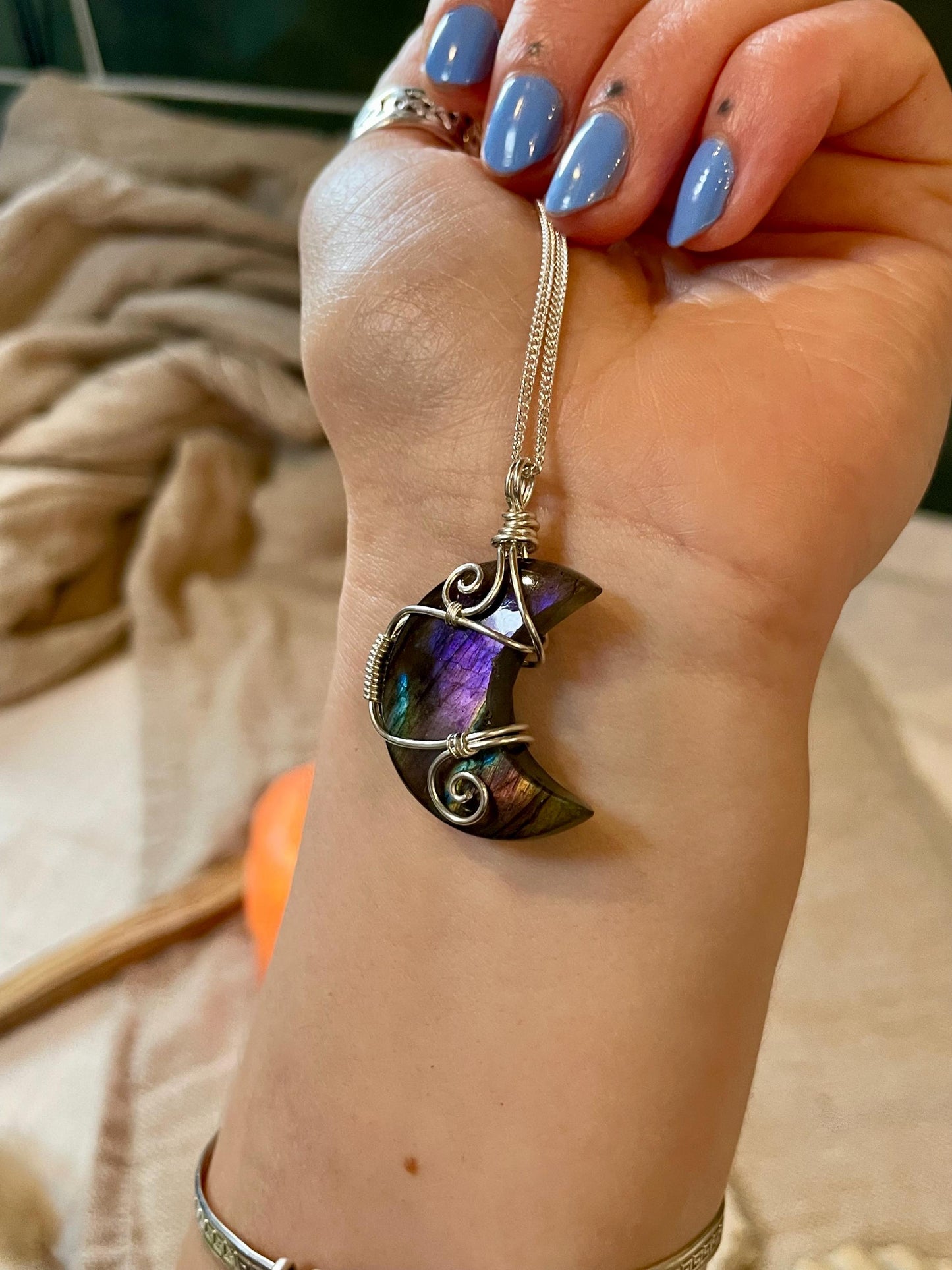 Labradorite crescent moon necklace, Sterling Silver pendant, Witchy gift for her