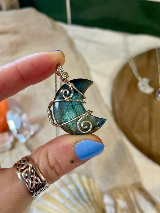 Labradorite crescent moon pendant, Sterling Silver necklace, Gothic witchy style